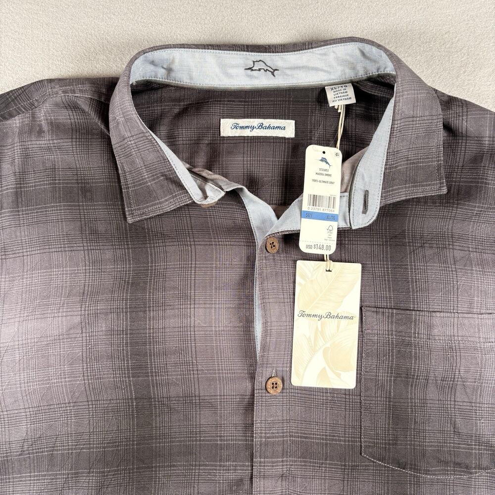Tommy Bahama Madera Ombre Men's XL Gray Plaid Short Sleeve Shirt NWT $148